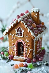 An artistic gingerbread house adorned with icing details and candy, evoking whimsical, cozy vibes. The handmade edible decorations make it charming and nostalgic, perfect for seasonal holiday fun.
