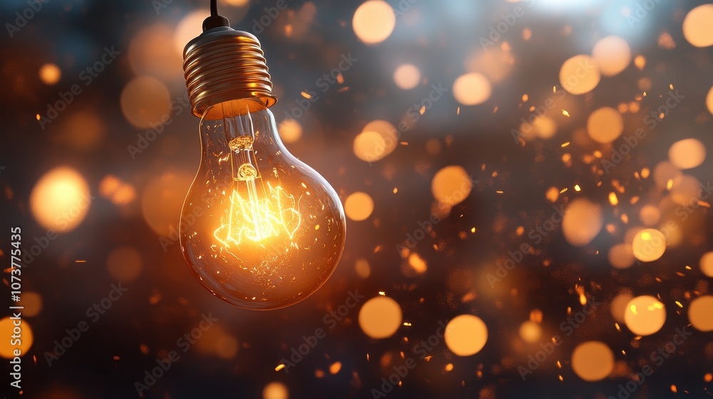 Poster a classic vintage light bulb hangs illuminated amidst a dazzling display of bokeh and radiant sparks