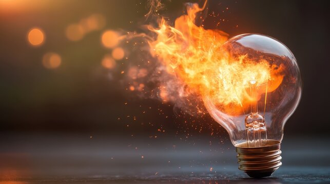 A captivating scene of a light bulb engulfed in vibrant flames, set against a dark backdrop, representing the intense spark of creativity and passion in action.