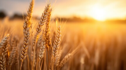 Golden wheat ears captured up-close in the warm glow of the setting sun, highlighting the intricate...