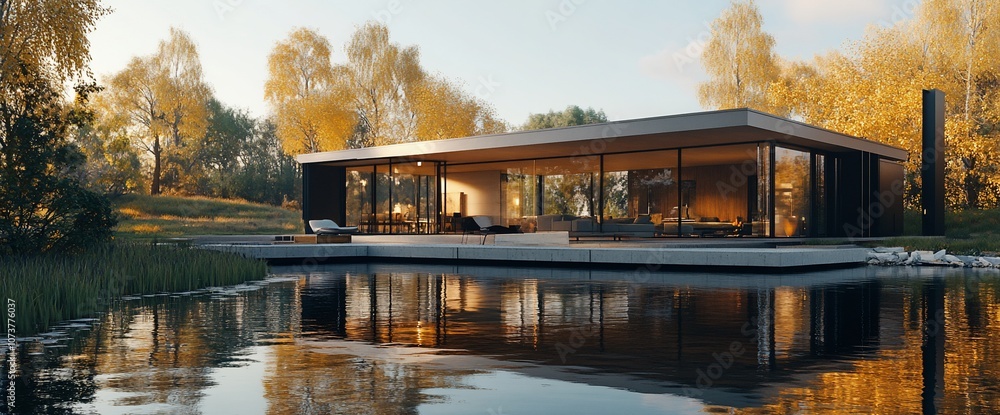 Poster modern house on a lake with a large window overlooking the water.