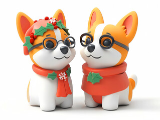 Adorable corgis wearing glasses are dressed in festive holiday attire with a red scarf and holly decorations, capturing the essence of joy and celebration.