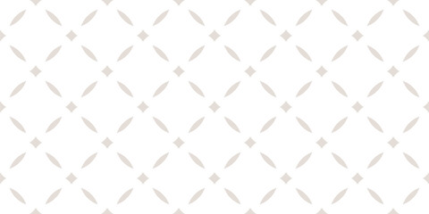 Subtle luxury seamless pattern. Vector abstract minimal geometric ornament in oriental style. Elegant vintage white and beige background. Simple geo texture with diamonds, stars, grid, mesh, lattice