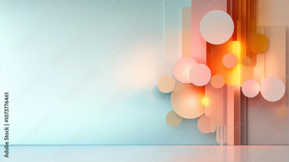 Poster a minimalistic art installation featuring circular shapes in warm tones, elegantly displayed on a sl