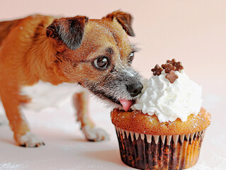 An adorable dog holding a festive cupcake with creamy frosting and a star-shaped cookie on top
