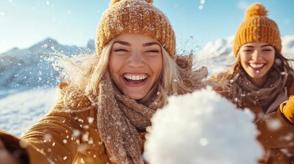 Two joyful friends in warm clothing throw snowballs playfully in a winter wonderland, surrounded by snow-covered mountains, exuding pure joy and happiness.
