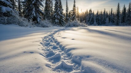 Footprints in fresh snow, leading through a serene winter landscape, with the soft snow undisturbed except for the marks of a journey