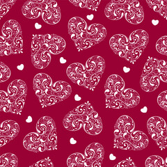 Seamless pattern vintage hearts, swirls, red background, light hearts. Valentine's Day, congratulations, wallpaper, background.