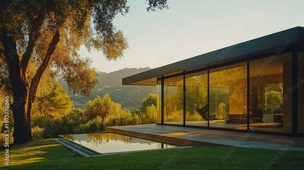 Poster modern house with a swimming pool and a large window overlooking a lush green hillside.