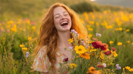 Naklejka premium Joyful Caucasian Woman with Freckles in a Field of Colorful Wildflowers in Nature Setting