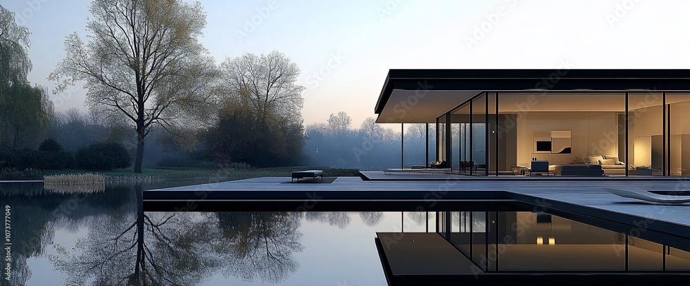 Poster modern house with a swimming pool and a pond in front of it, surrounded by trees.