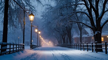 A snowy evening street illuminated by streetlamps, with soft snowflakes falling gently, creating a peaceful and serene winter scene