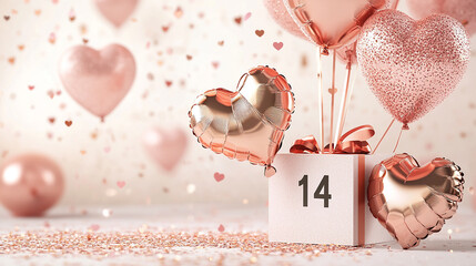 Happy Valentines day background with calendar date 14 February, Rose gold luxury, glitter confetti, open present with heart shape balloon, copy space text, 3D rendering illustration