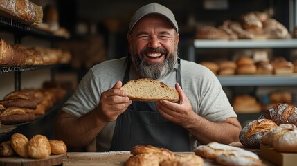 A cheerful baker presenting a slice of bread in his bakery filled with various baked products, highlighting joy, achievement, and culinary delight.