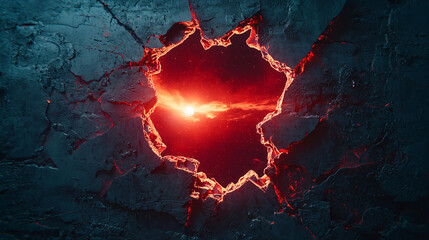 Fiery red explosion through cracked wall revealing outer space with bright sun and glowing nebula