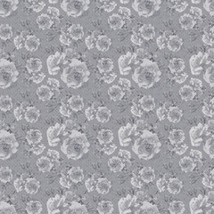 Floral, grey pink blue yellow roses blue seamless pattern. Seamless pattern of twigs with rosebuds....