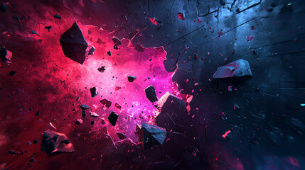 Dynamic explosion of rocks in a cosmic environment with vibrant red and blue lighting effects