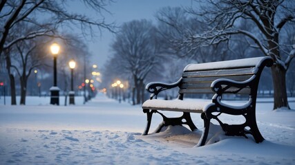A snowy bench in a cityscape, surrounded by winter chill, showcasing a peaceful, quiet moment amidst the bustling urban environment