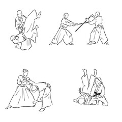 Aikido combat between athletes, stylized vector illustration