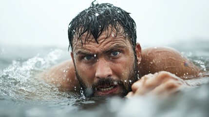 In a scene of fierce determination and battle, a focused swimmer struggles through crashing ocean waves, showcasing physical and emotional resilience. Poignant capture.
