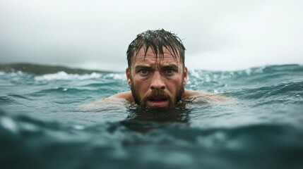 A swimmer exercises focus and determination while emerging from stormy waters, facing challenges head-on in an expansive natural water setting. Determination palpable.