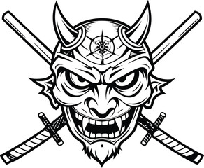 Oni mask and two crossed katana, japanese oni mask vector illustration