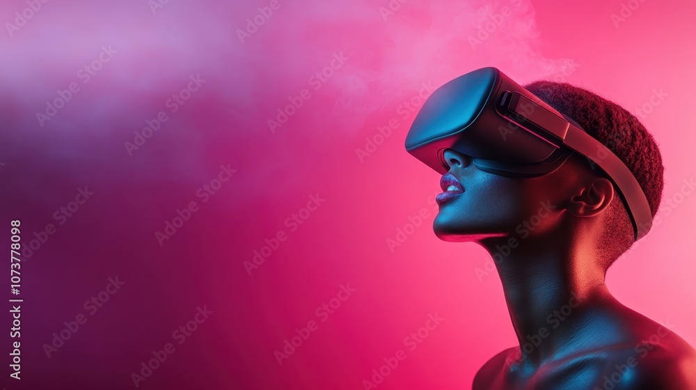 Poster a figure explores virtual reality through a vr headset, surrounded by an enveloping pink glow, repre