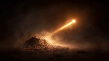 Obraz premium A meteor streaks dramatically across a night sky, illuminating the surroundings as it descends in a fiery spectacle, evoking awe and cosmic wonder.