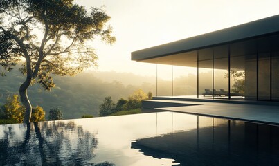 Modern house with an infinity pool overlooking a valley at sunset.
