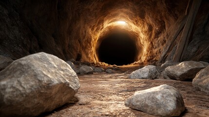 A rocky cave entrance with an inviting path and steps illuminated by warm sunlight, creating a serene and mysterious atmosphere, hinting at adventure ahead.