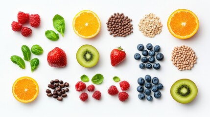 Fresh and Colorful Ingredients Displayed on White Background for Healthy Food Choices, Featuring Fruits, Nuts, Grains, and Leafy Greens in Vibrant Arrangement