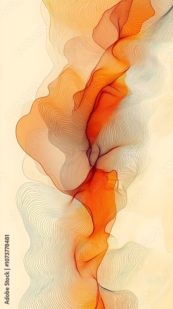 Poster an abstract representation featuring flowing lines in warm shades of orange and soft beige, creating