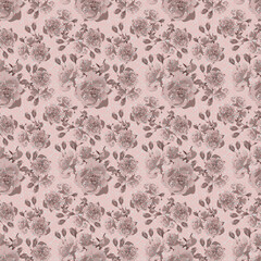 Floral, grey pink blue yellow roses blue seamless pattern. Seamless pattern of twigs with rosebuds. Seamless pattern of rose twigs with buds. Sprigs of roses with buds. Rosebuds.