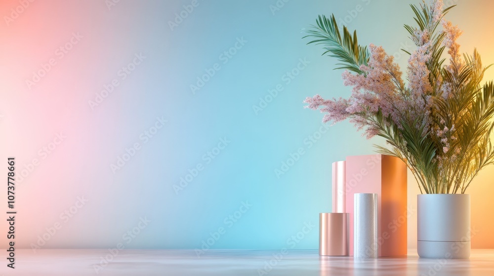 Poster an elegant arrangement of pastel-colored cylindrical objects adorned with delicate flora creating a 