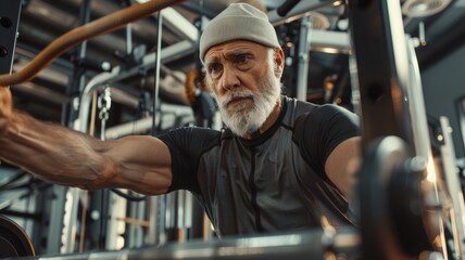 Fit senior man exercising in a gym with determination and strength