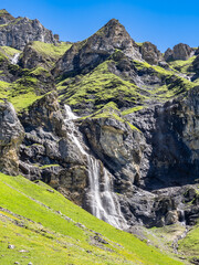 Oeschinen lake hike and surrounding peaks and waterfalls, Switzerland