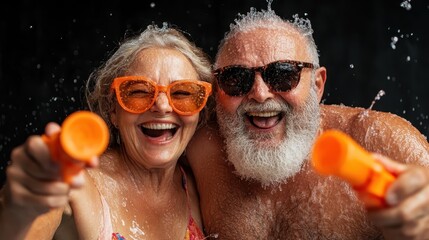 An older couple joyfully play with water guns, their faces bursting with laughter and joy, symbolizing carefree fun and youthful exuberance in their golden years.