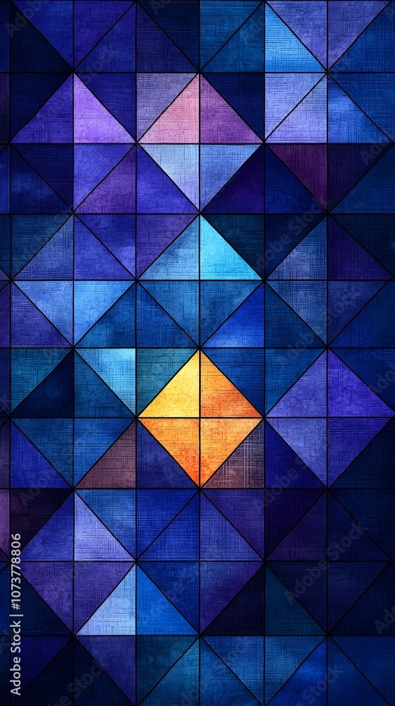 Poster A vibrant geometric pattern featuring an array of blue and purple triangles with a striking yellow diamond at the center, creating an engaging and modern visual effect.