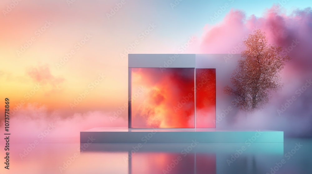 Poster a sleek modern cube structure is set against a vibrant and surreal sunset backdrop, with a single tr