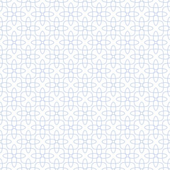 Subtle minimal vector seamless pattern. Abstract linear ornament texture with grid, lattice, mesh, squares, flower silhouettes, leaves. Simple blue and white geometric background. Repeated geo design