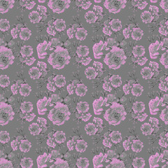 Floral, grey pink blue yellow roses blue seamless pattern. Seamless pattern of twigs with rosebuds. Seamless pattern of rose twigs with buds. Sprigs of roses with buds. Rosebuds.