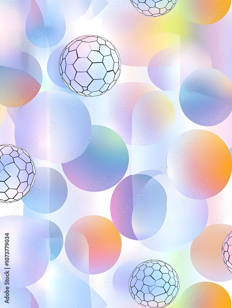 Poster a vibrant abstract background featuring translucent colorful circles and outlined soccer balls, crea