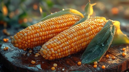 Two fresh corn cobs with husks on a wooden surface.