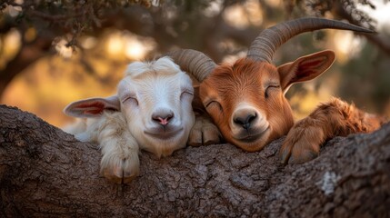 Two goats peacefully resting together on a tree branch, exuding warmth and companionship, perfectly captured with an emphasis on their serene expressions.