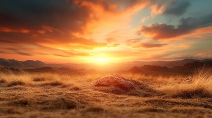 Fototapeta premium A vibrant sunset illuminates the sky in a burst of oranges and yellows over an expansive, dry grassland, illustrating nature's vast beauty and tranquility.