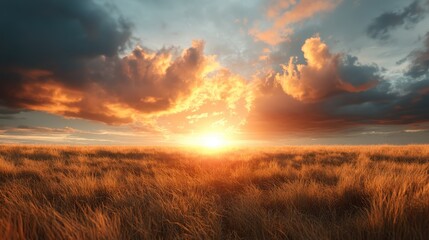 Obraz premium The golden horizon is framed by dramatic cloud formations during a vibrant sunset, capturing an ethereal view of nature's artwork and momentary serenity.