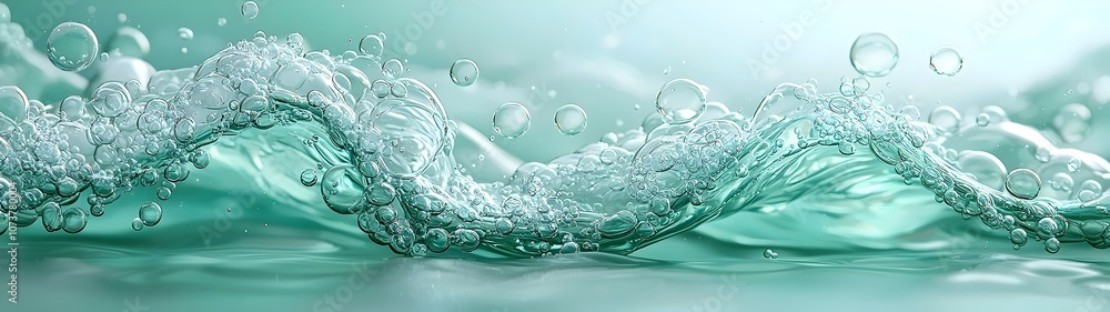 Poster a close-up view of shimmering turquoise water waves with bubbles, creating a serene and refreshing a