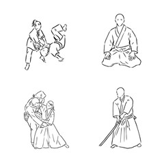 Aikido combat between athletes, stylized vector illustration