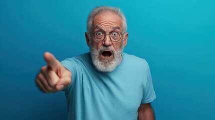 Obraz premium An elderly man with a surprised expression is seen pointing outward while wearing a light blue t-shirt against a vibrant blue background.