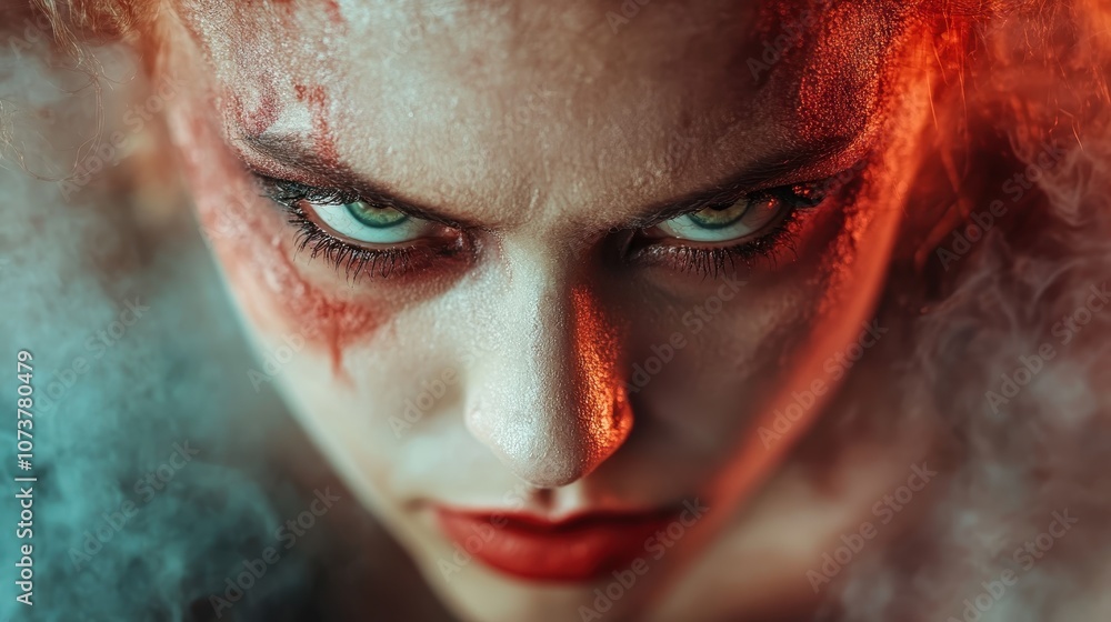 Poster A striking close-up portraying a subject with sharp, fierce eyes and textured skin under dynamic lighting, creating an intense and vivid visual experience with a reddish hue.
